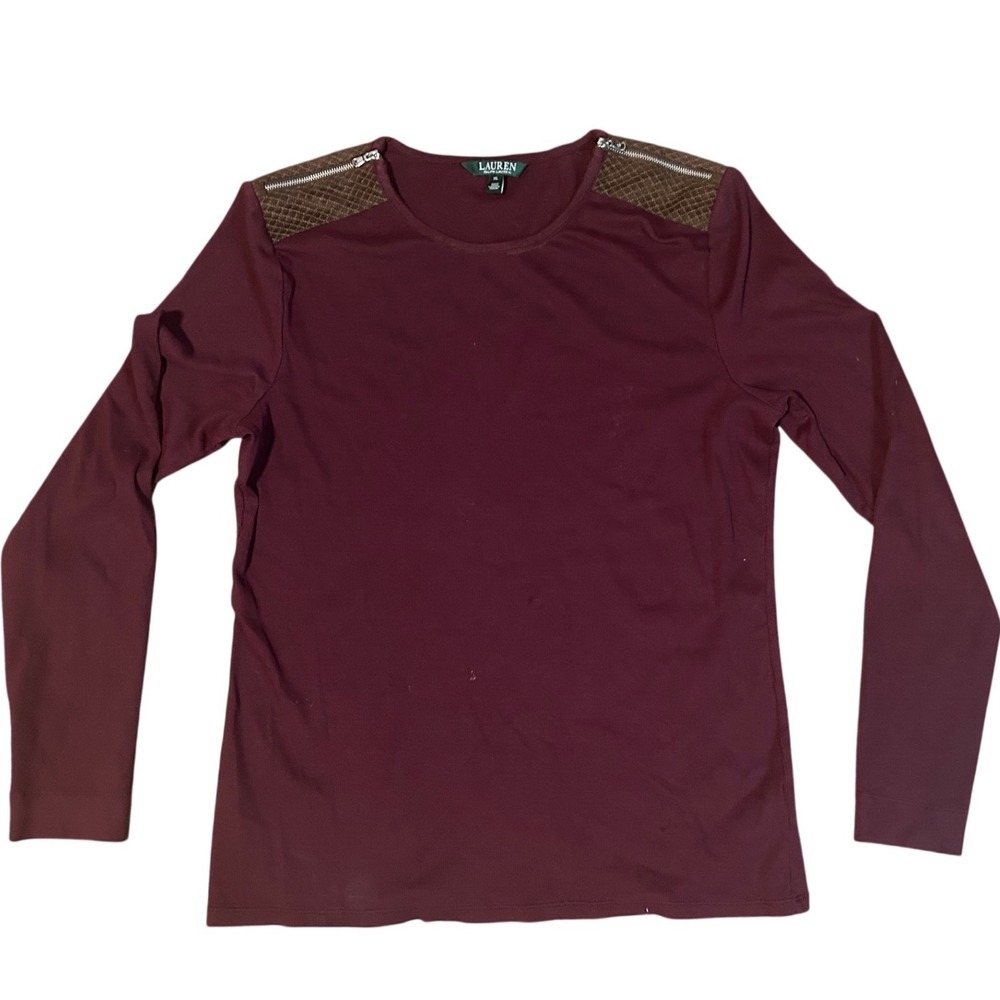 Lauren Ralph Lauren Burgundy Ribbed Long Sleeve Top Zipper Shoulder Patch XL